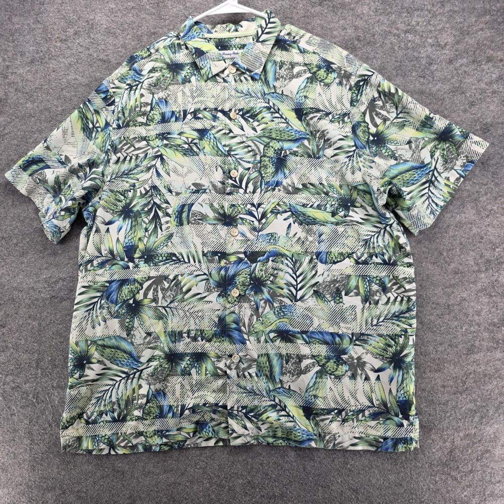 Tommy Bahama Shirt Mens XL Blue Green Silk Floral Hawaiian Button Up IslandZone